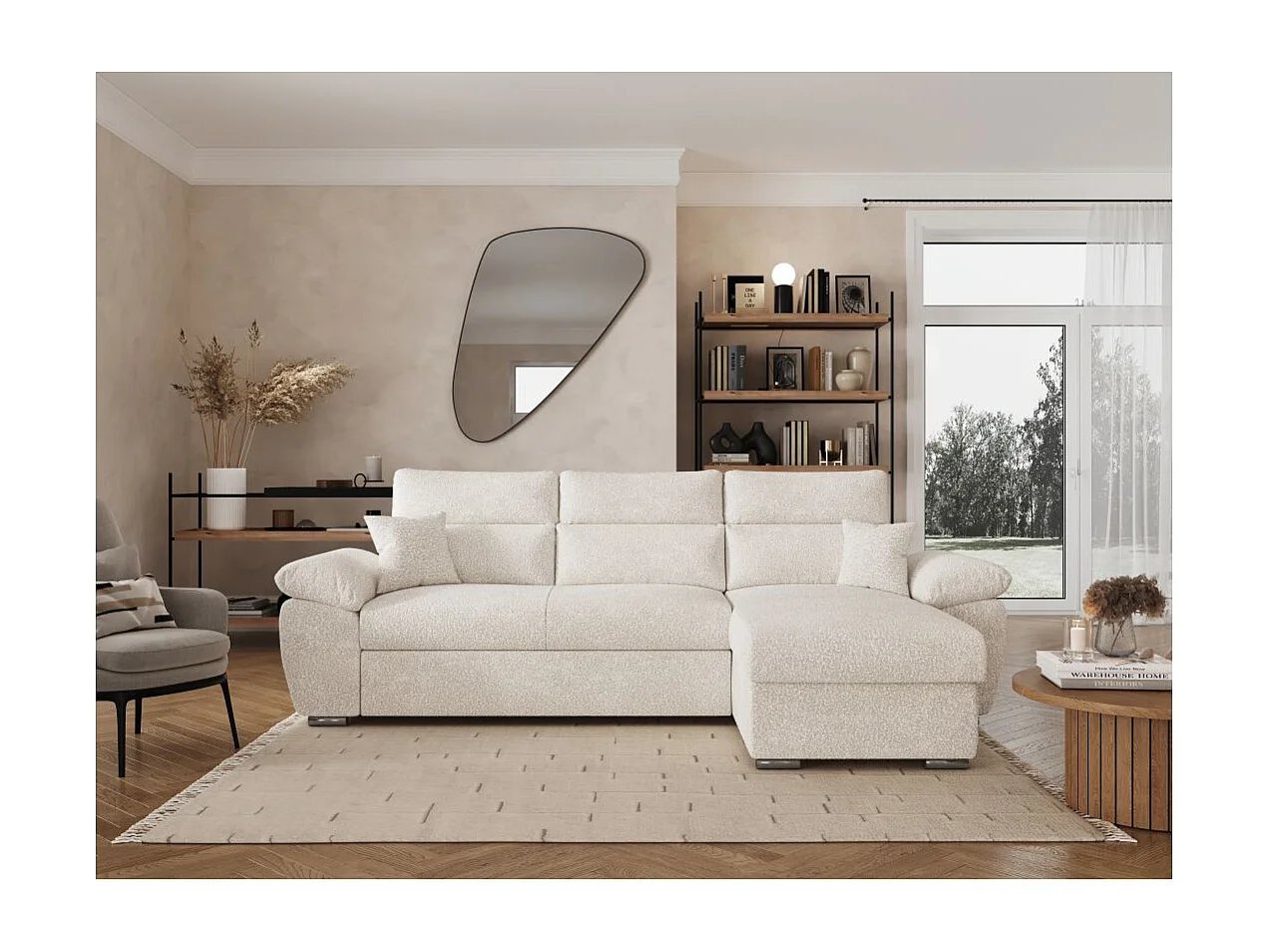 Canapé d'angle 4 places Komeco réversible convertible avec coffre en tissu bouclette - Blanc - L265 x P166 x H91cm - Loungitude