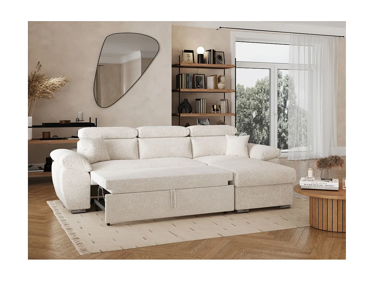 Canapé d'angle 4 places Komeco réversible convertible avec coffre en tissu bouclette - Blanc - L265 x P166 x H91cm - Loungitude