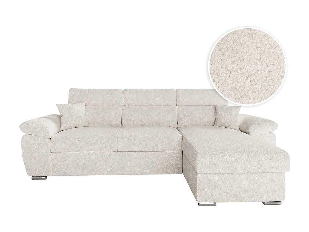 Canapé d'angle 4 places Komeco réversible convertible avec coffre en tissu bouclette - Blanc - L265 x P166 x H91cm - Loungitude