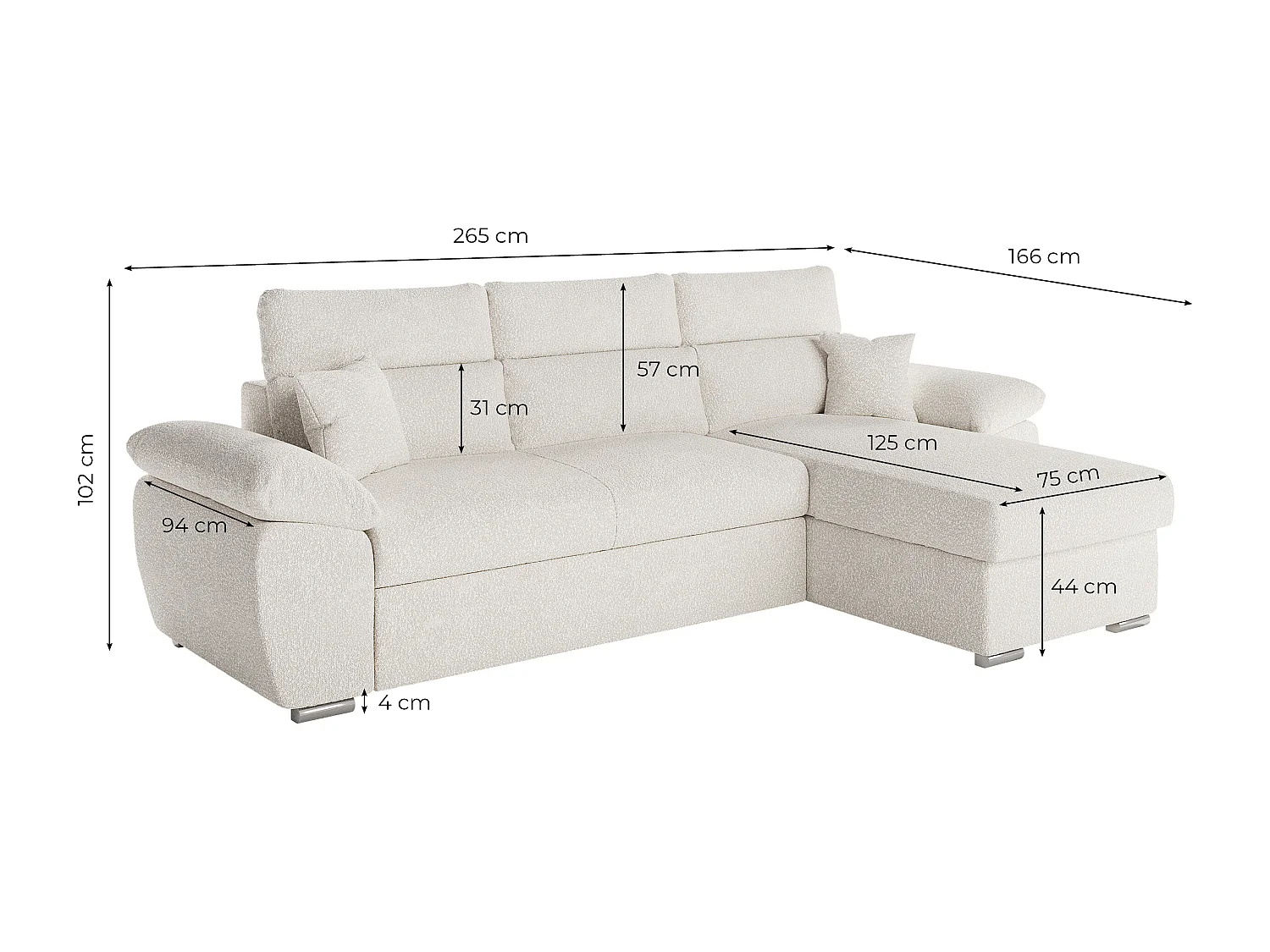 Canapé d'angle 4 places Komeco réversible convertible avec coffre en tissu bouclette - Blanc - L265 x P166 x H91cm - Loungitude