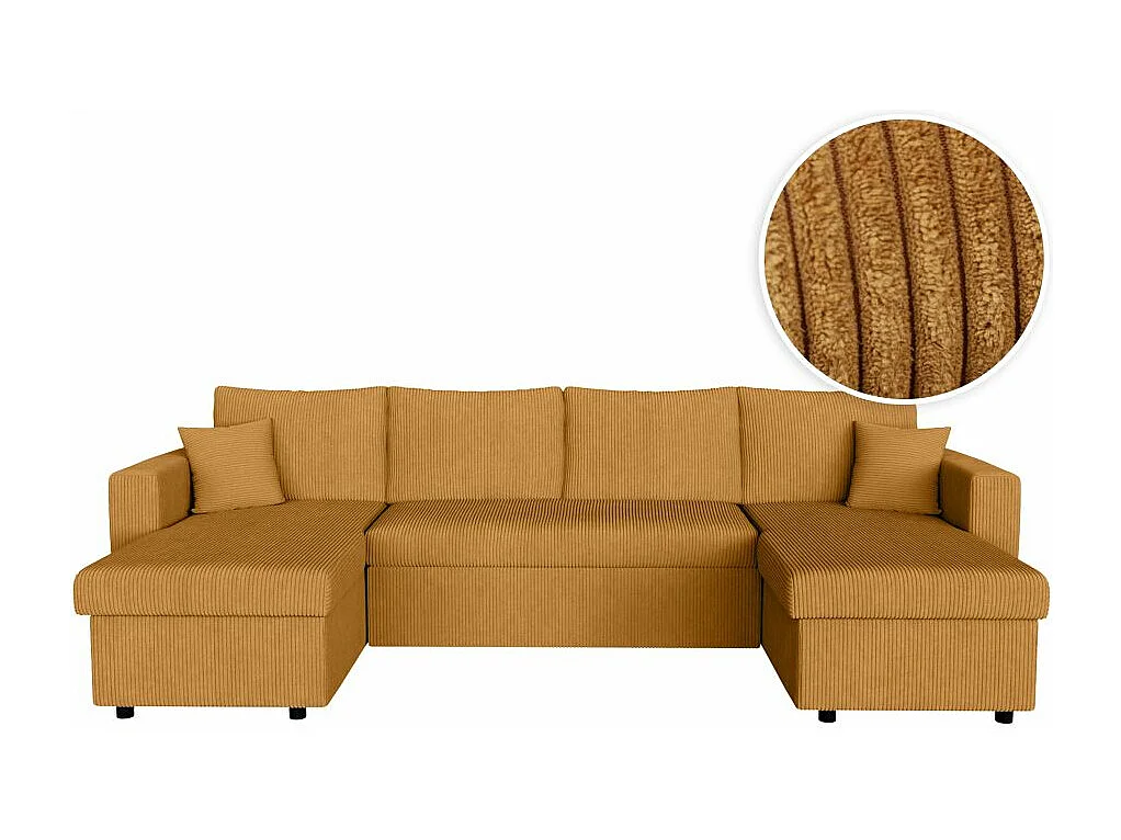 Canapé panoramique 6 places Maria convertible avec 2 coffres en velours côtelé - Jaune - L295 x P146 x H81cm - Loungitude