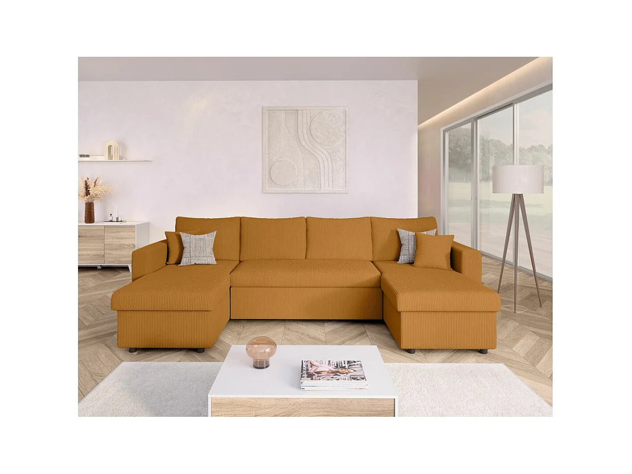 Canapé panoramique 6 places Maria convertible avec 2 coffres en velours côtelé - Jaune - L295 x P146 x H81cm - Loungitude