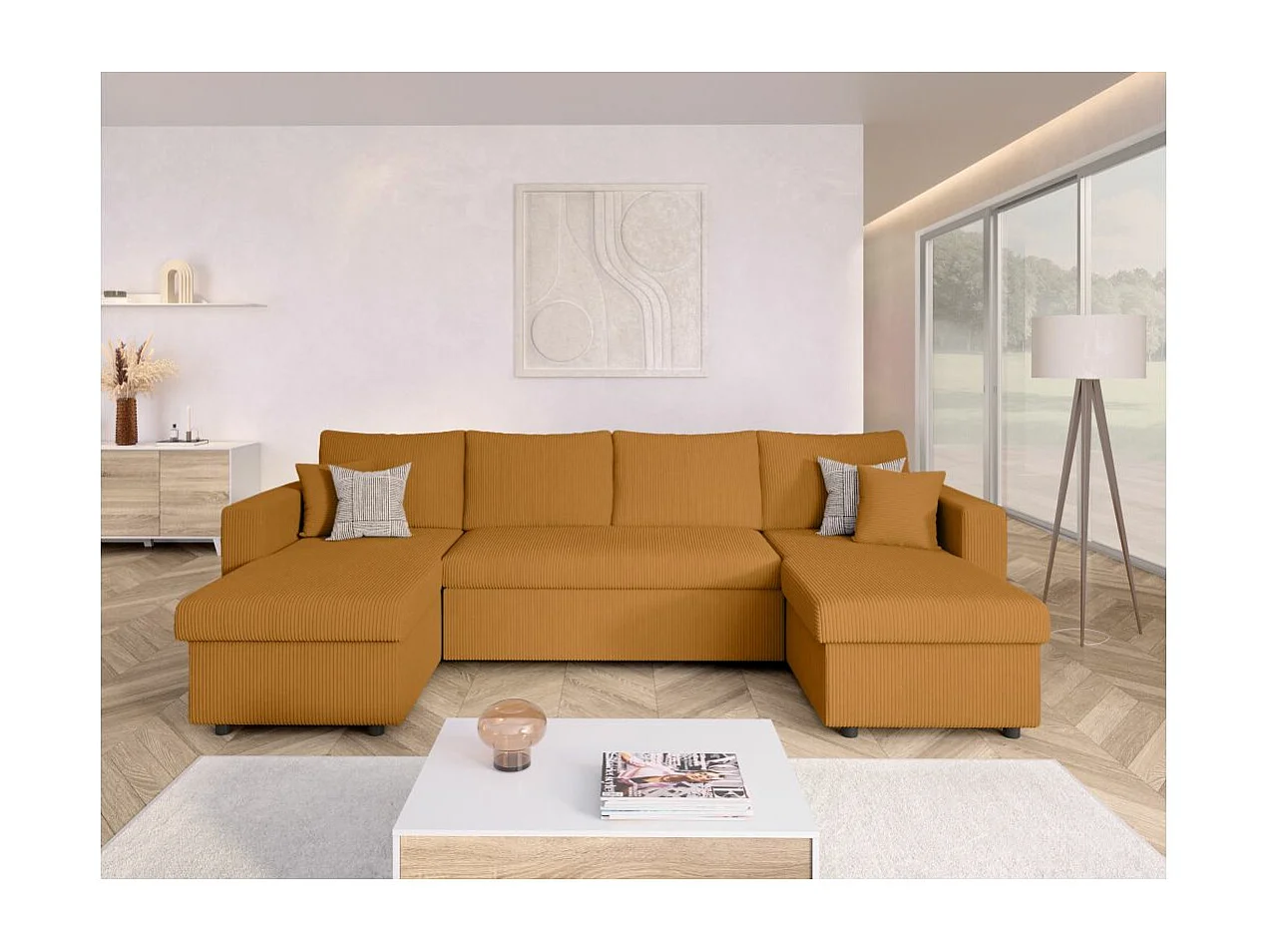 Canapé panoramique 6 places Maria convertible avec 2 coffres en velours côtelé - Jaune - L295 x P146 x H81cm - Loungitude