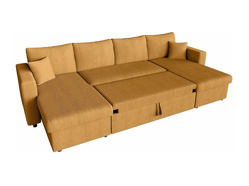Canapé panoramique 6 places Maria convertible avec 2 coffres en velours côtelé - Jaune - L295 x P146 x H81cm - Loungitude