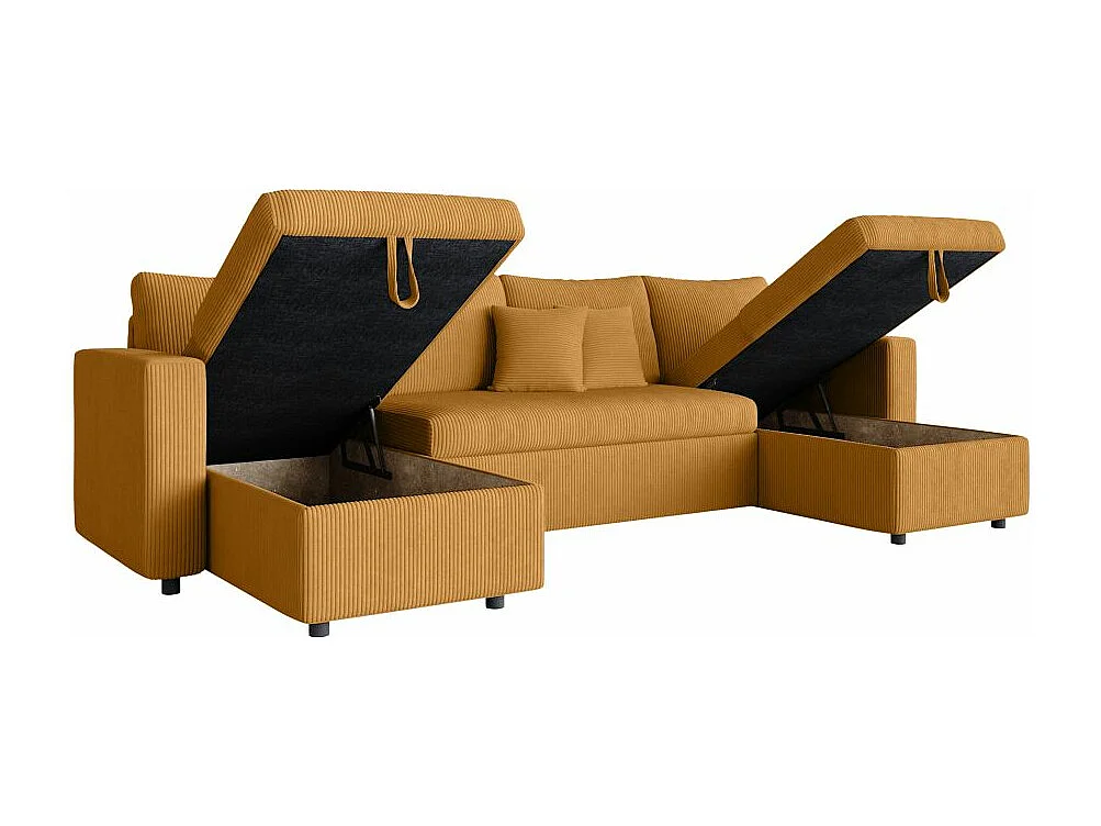 Canapé panoramique 6 places Maria convertible avec 2 coffres en velours côtelé - Jaune - L295 x P146 x H81cm - Loungitude