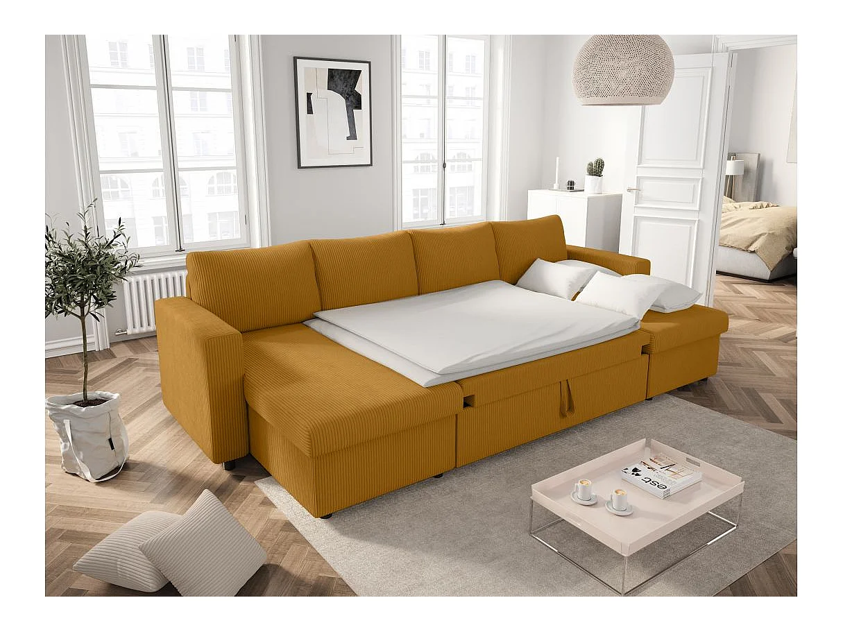 Canapé d'angle panoramique convertible 6 places avec coffre en velours jaune
