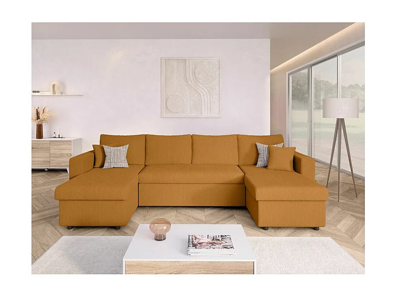 Canapé panoramique 6 places Maria convertible avec 2 coffres en velours côtelé - Jaune - L295 x P146 x H81cm - Loungitude