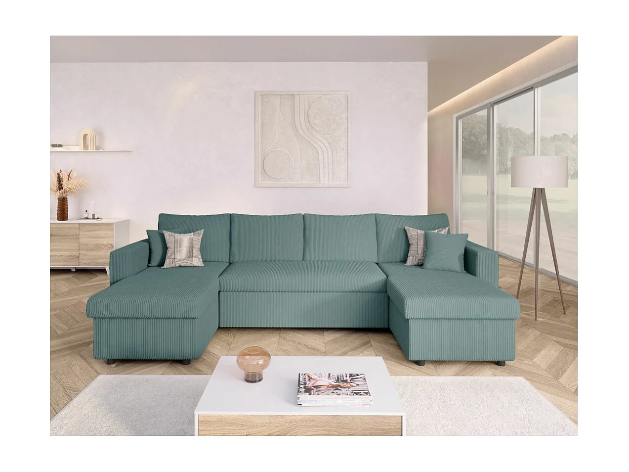 Canapé panoramique 6 places Maria convertible avec 2 coffres en velours côtelé - Bleu clair - L295 x P146 x H81cm - Loungitude