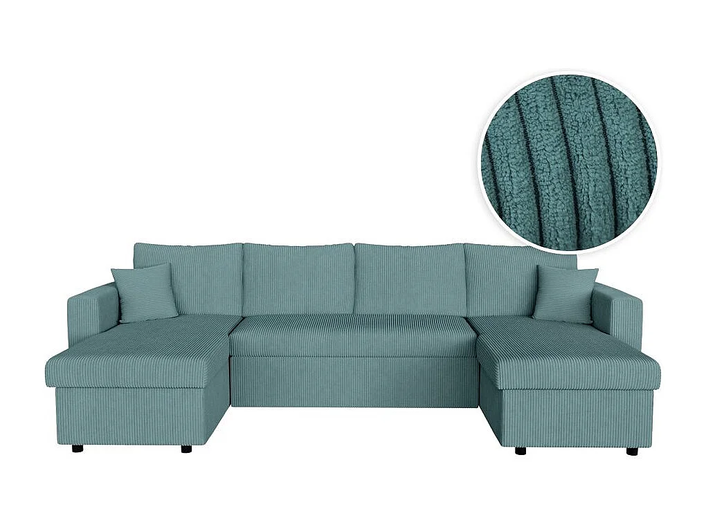 Canapé panoramique 6 places Maria convertible avec 2 coffres en velours côtelé - Bleu clair - L295 x P146 x H81cm - Loungitude