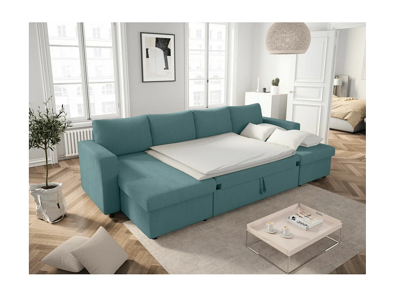 Canapé panoramique 6 places Maria convertible avec 2 coffres en velours côtelé - Bleu clair - L295 x P146 x H81cm - Loungitude