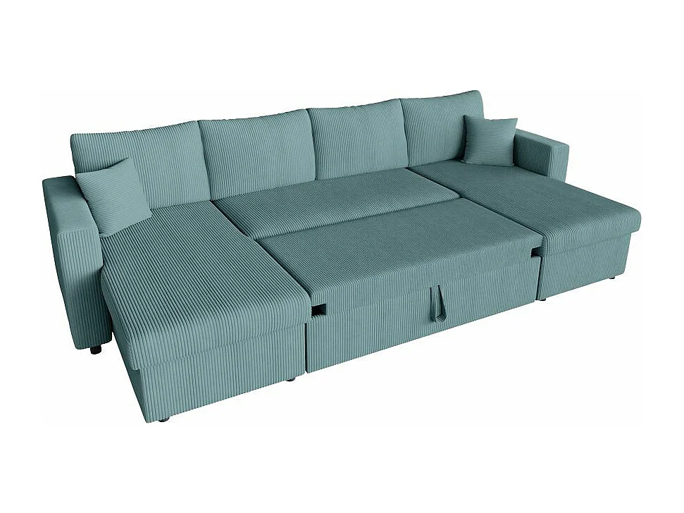 Canapé panoramique 6 places Maria convertible avec 2 coffres en velours côtelé - Bleu clair - L295 x P146 x H81cm - Loungitude