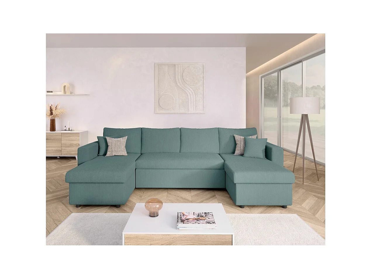 Canapé panoramique 6 places Maria convertible avec 2 coffres en velours côtelé - Bleu clair - L295 x P146 x H81cm - Loungitude