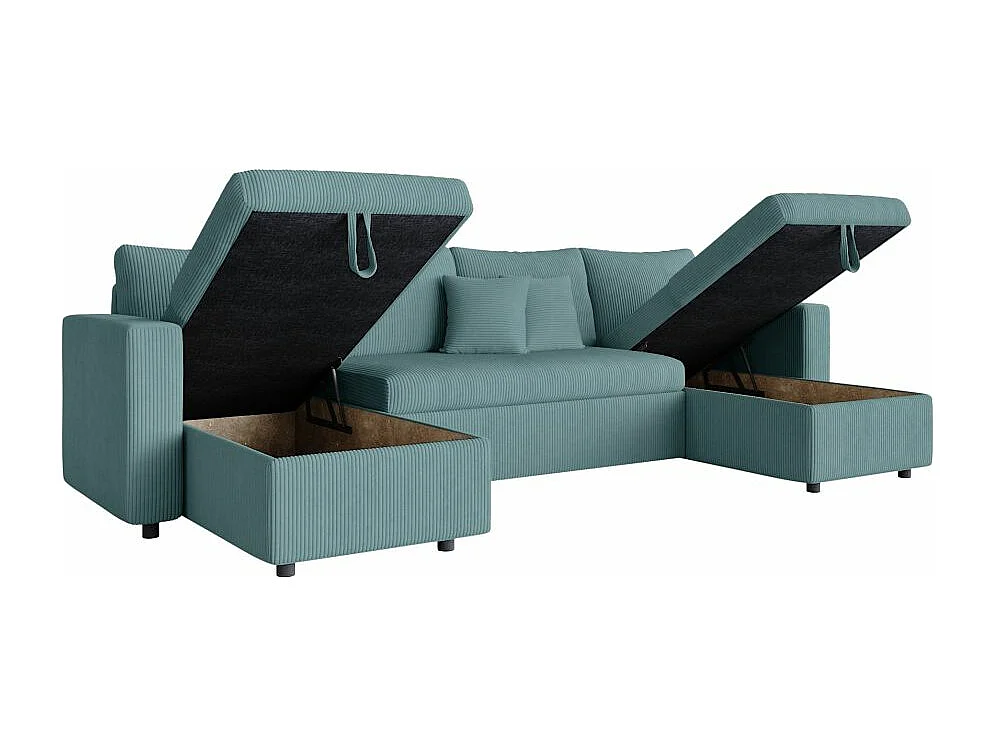 Canapé panoramique 6 places Maria convertible avec 2 coffres en velours côtelé - Bleu clair - L295 x P146 x H81cm - Loungitude