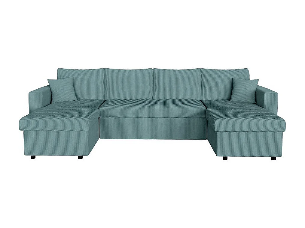 Canapé panoramique 6 places Maria convertible avec 2 coffres en velours côtelé - Bleu clair - L295 x P146 x H81cm - Loungitude