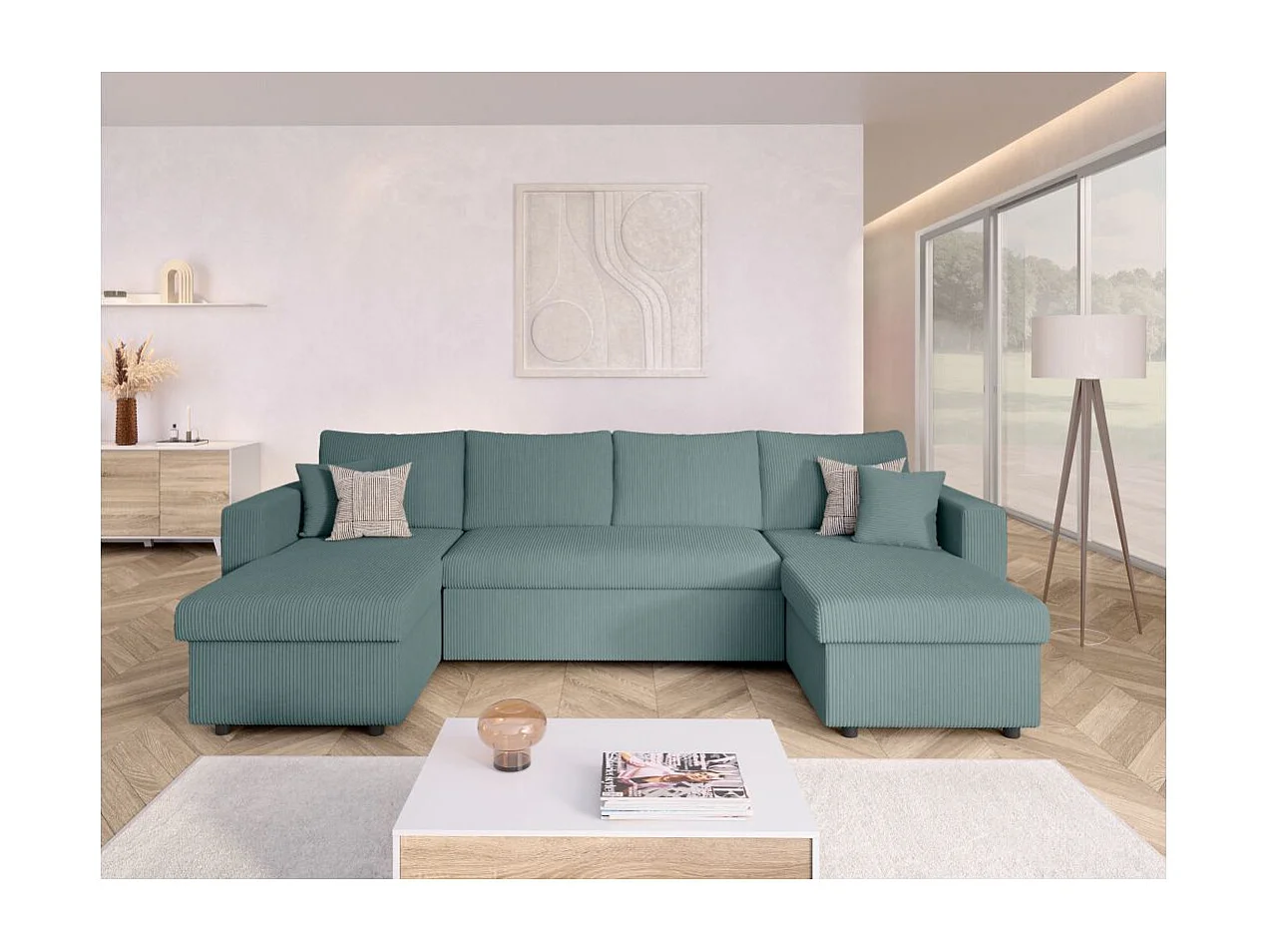 Canapé panoramique 6 places Maria convertible avec 2 coffres en velours côtelé - Bleu clair - L295 x P146 x H81cm - Loungitude