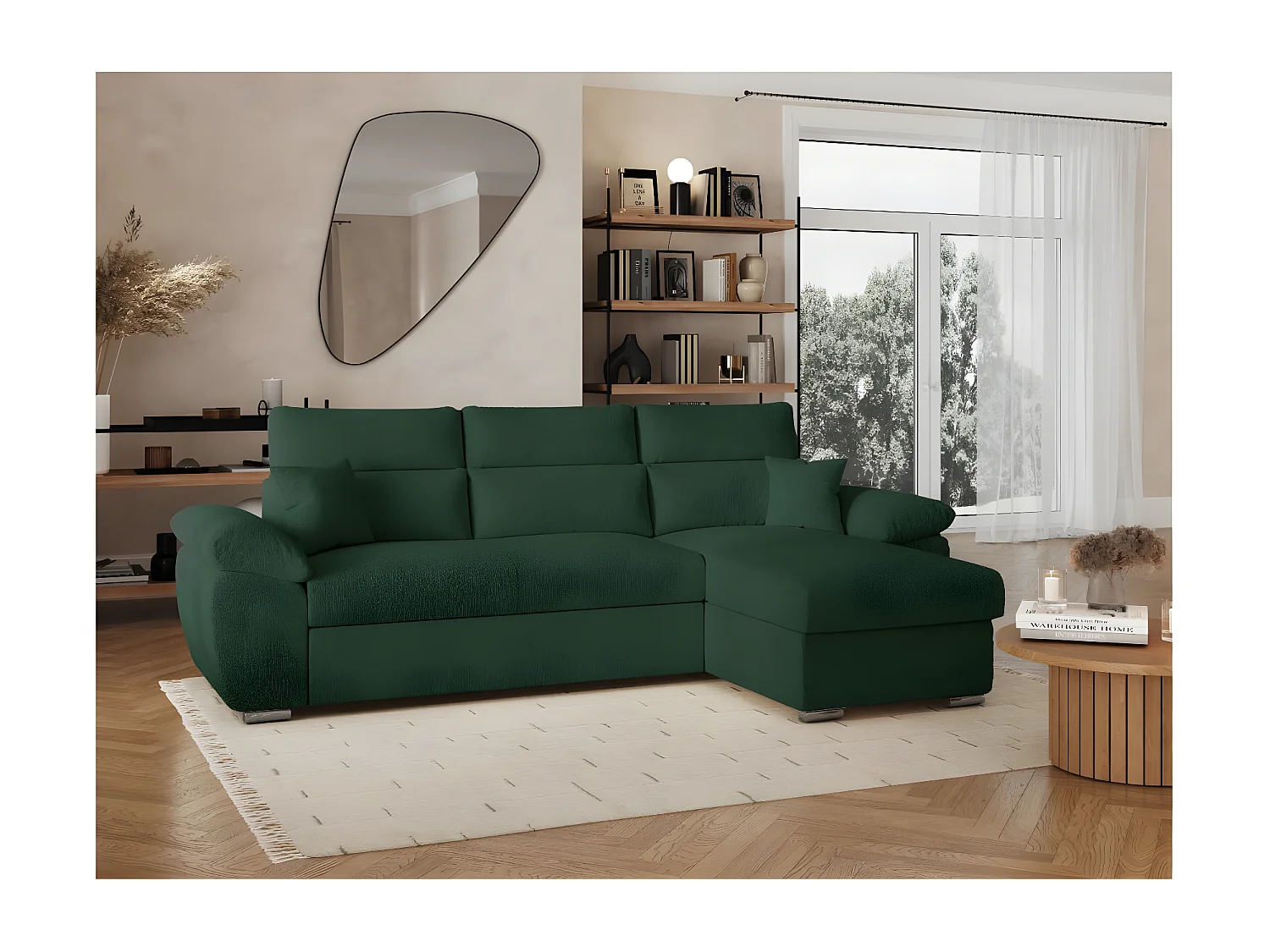 Canapé d'angle 4 places Komeco réversible convertible avec coffre en tissu bouclette - Vert foncé - L265 x P166 x H91cm - Loungitude