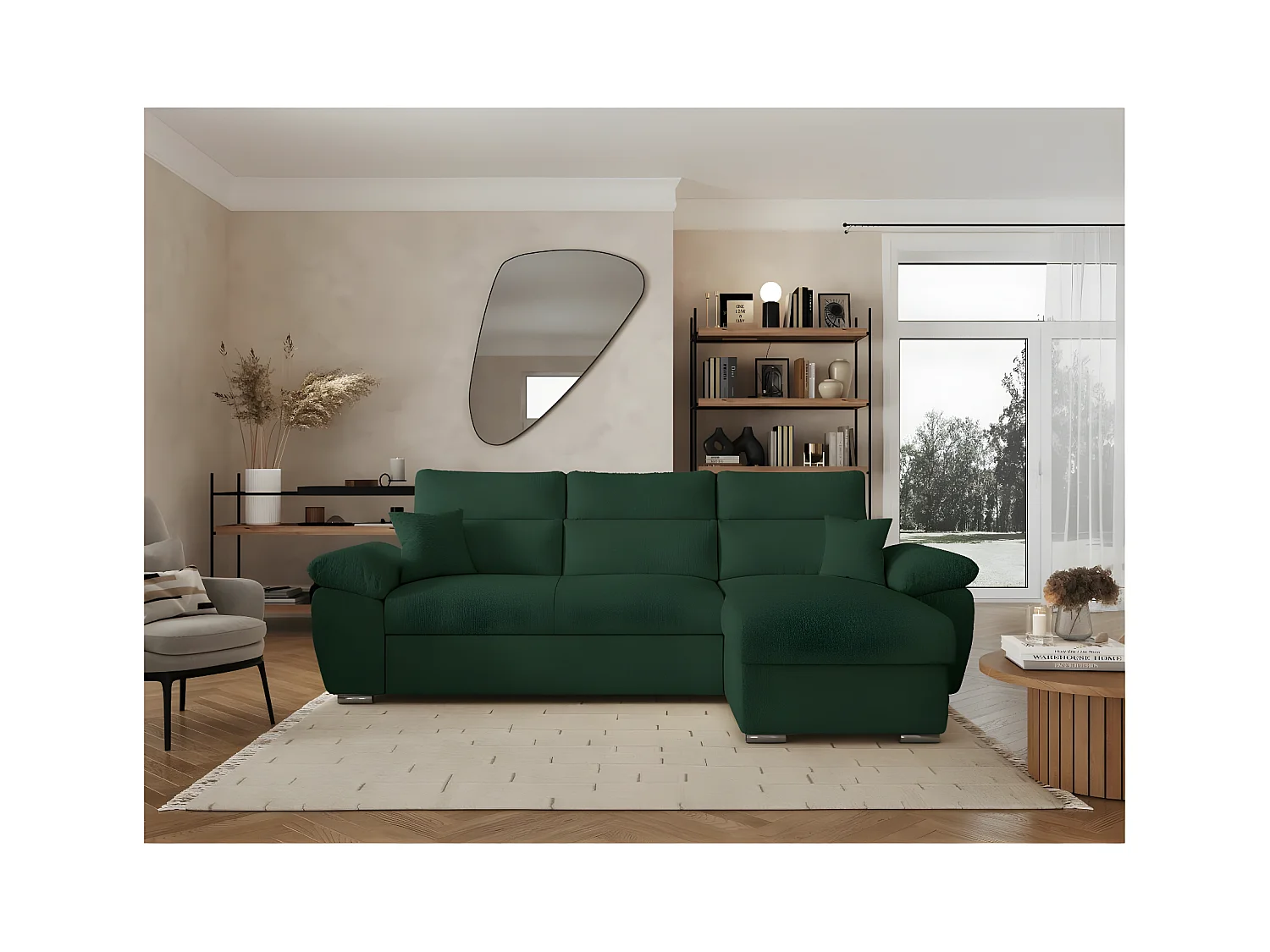 Canapé d'angle 4 places Komeco réversible convertible avec coffre en tissu bouclette - Vert foncé - L265 x P166 x H91cm - Loungitude