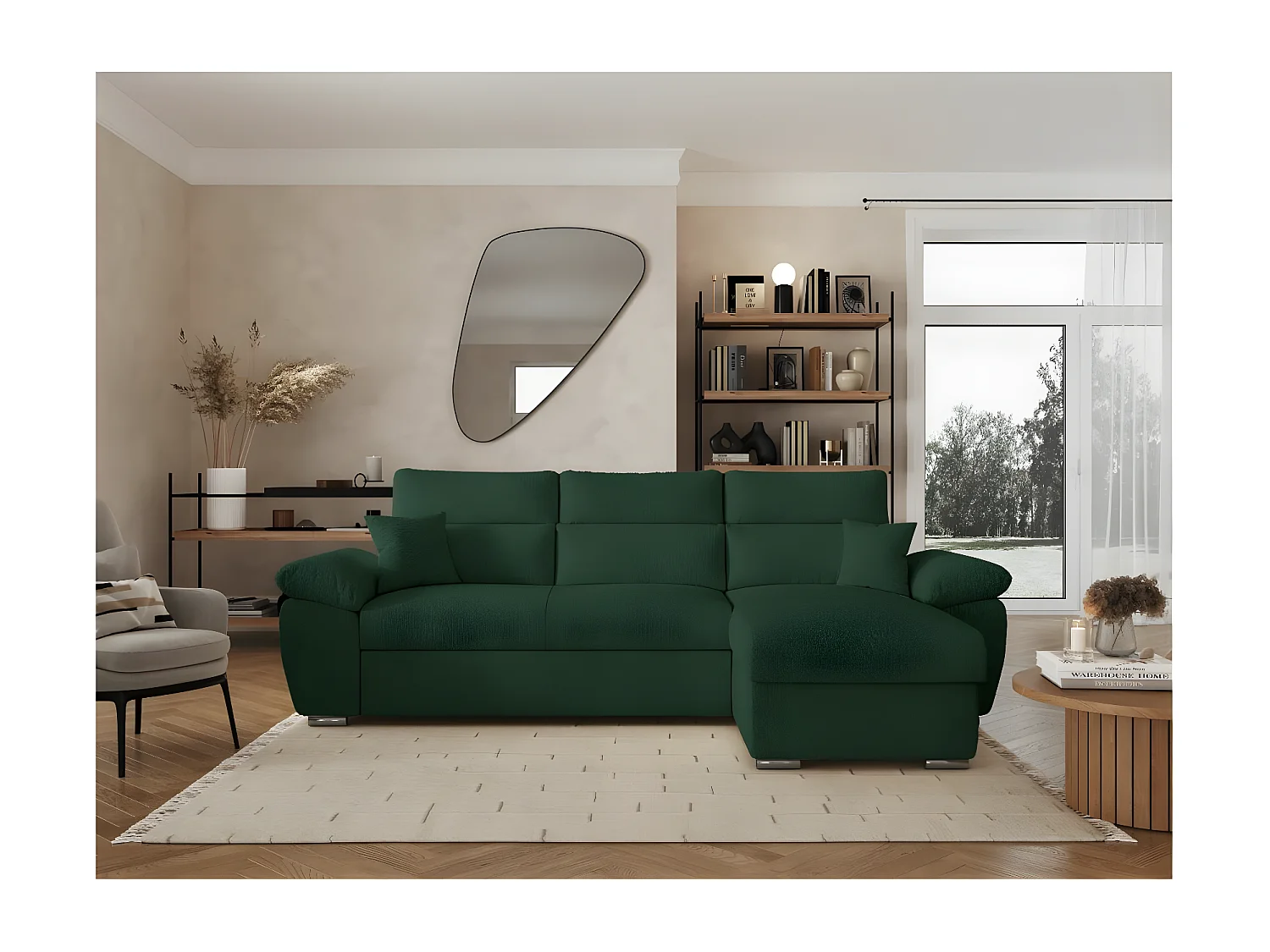 Canapé d'angle 4 places Komeco réversible convertible avec coffre en tissu bouclette - Vert foncé - L265 x P166 x H91cm - Loungitude