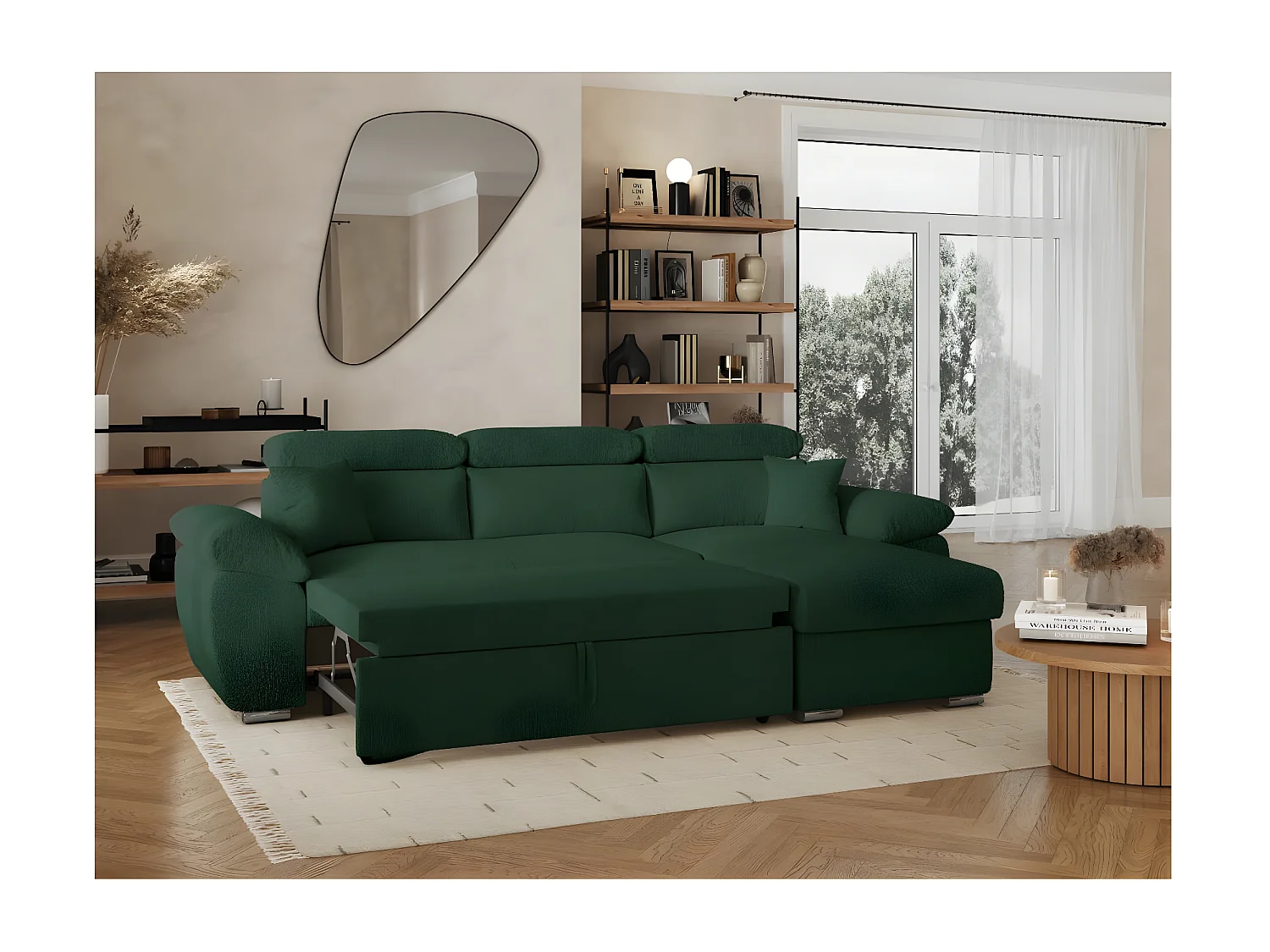 Canapé d'angle 4 places Komeco réversible convertible avec coffre en tissu bouclette - Vert foncé - L265 x P166 x H91cm - Loungitude