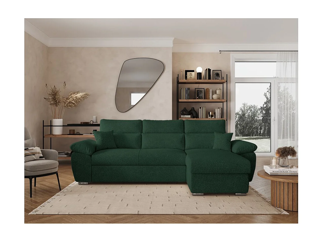 Canapé d'angle 4 places Komeco réversible convertible avec coffre en tissu bouclette - Vert foncé - L265 x P166 x H91cm - Loungitude