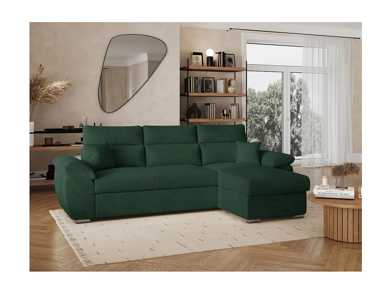 Canapé d'angle 4 places Komeco réversible convertible avec coffre en tissu bouclette - Vert foncé - L265 x P166 x H91cm - Loungitude