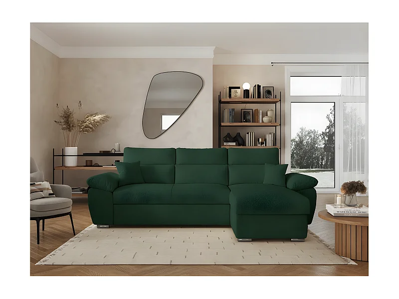 Canapé d'angle 4 places Komeco réversible convertible avec coffre en tissu bouclette - Vert foncé - L265 x P166 x H91cm - Loungitude