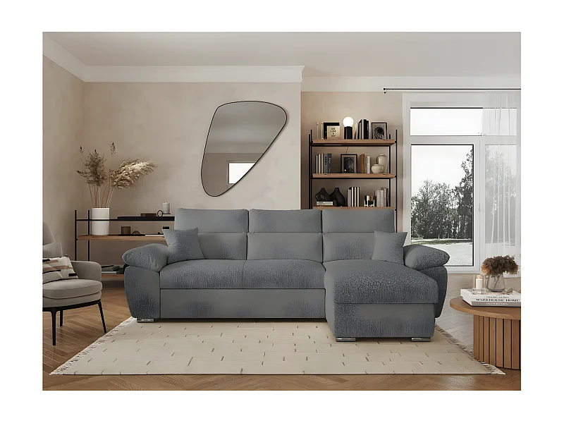 Canapé d'angle 4 places Komeco réversible convertible avec coffre en tissu bouclette - Gris - L265 x P166 x H91cm - Loungitude