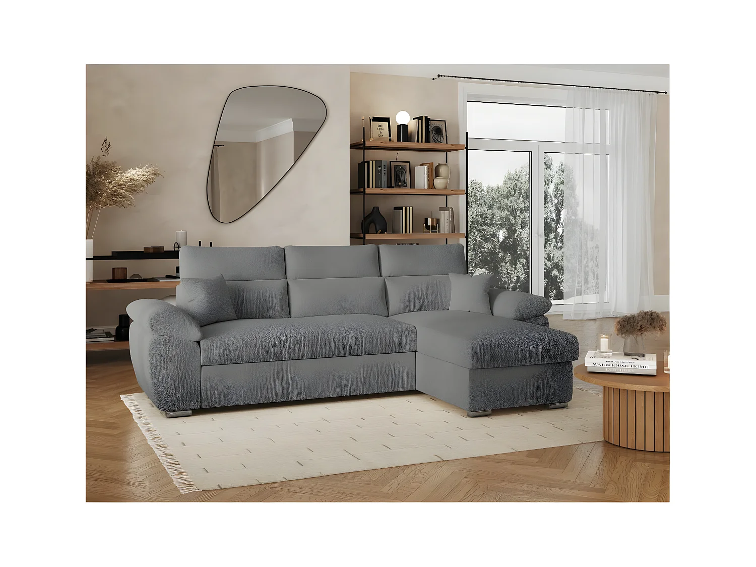 Canapé d'angle 4 places Komeco réversible convertible avec coffre en tissu bouclette - Gris - L265 x P166 x H91cm - Loungitude