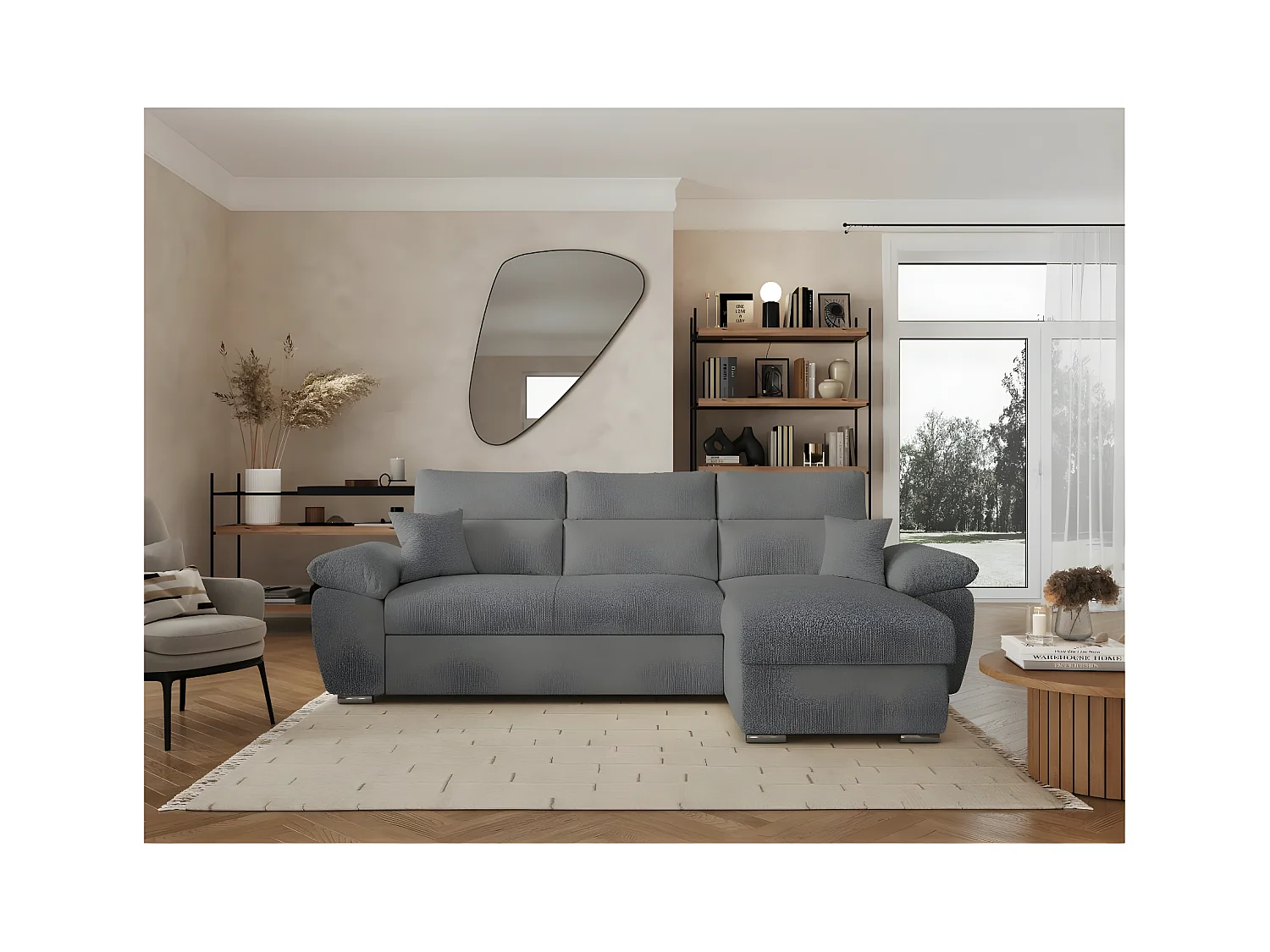Canapé d'angle 4 places Komeco réversible convertible avec coffre en tissu bouclette - Gris - L265 x P166 x H91cm - Loungitude