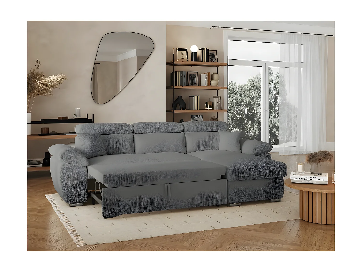 Canapé d'angle 4 places Komeco réversible convertible avec coffre en tissu bouclette - Gris - L265 x P166 x H91cm - Loungitude