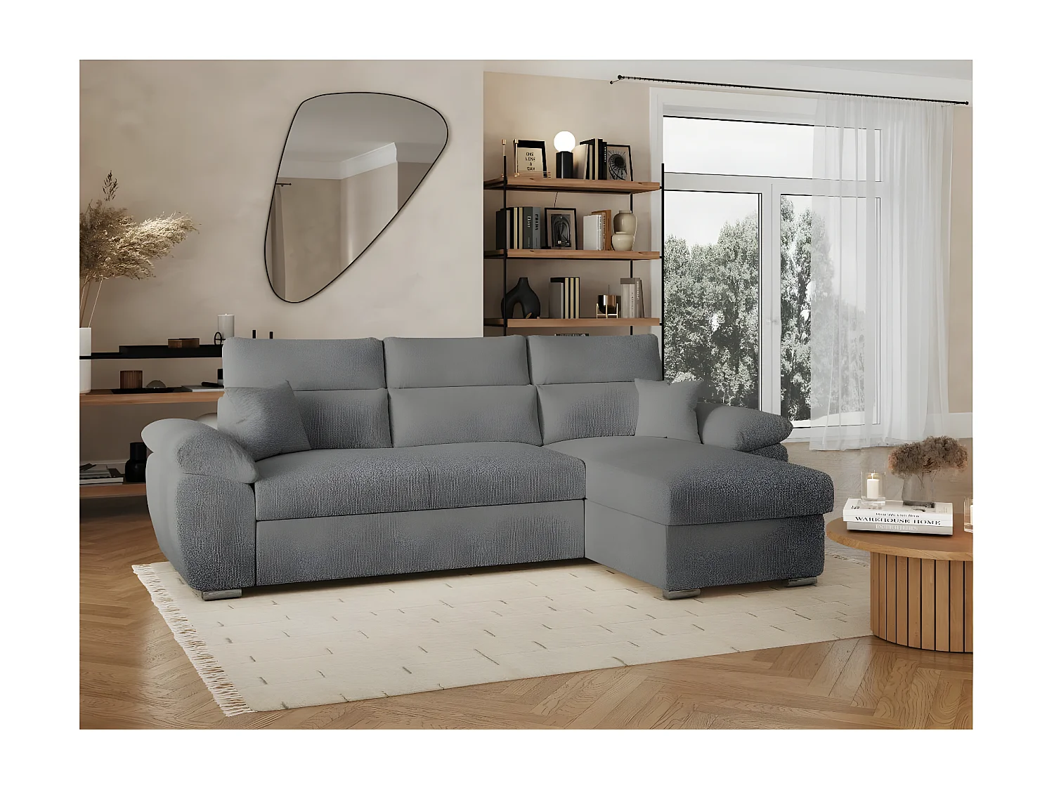Canapé d'angle 4 places Komeco réversible convertible avec coffre en tissu bouclette - Gris - L265 x P166 x H91cm - Loungitude