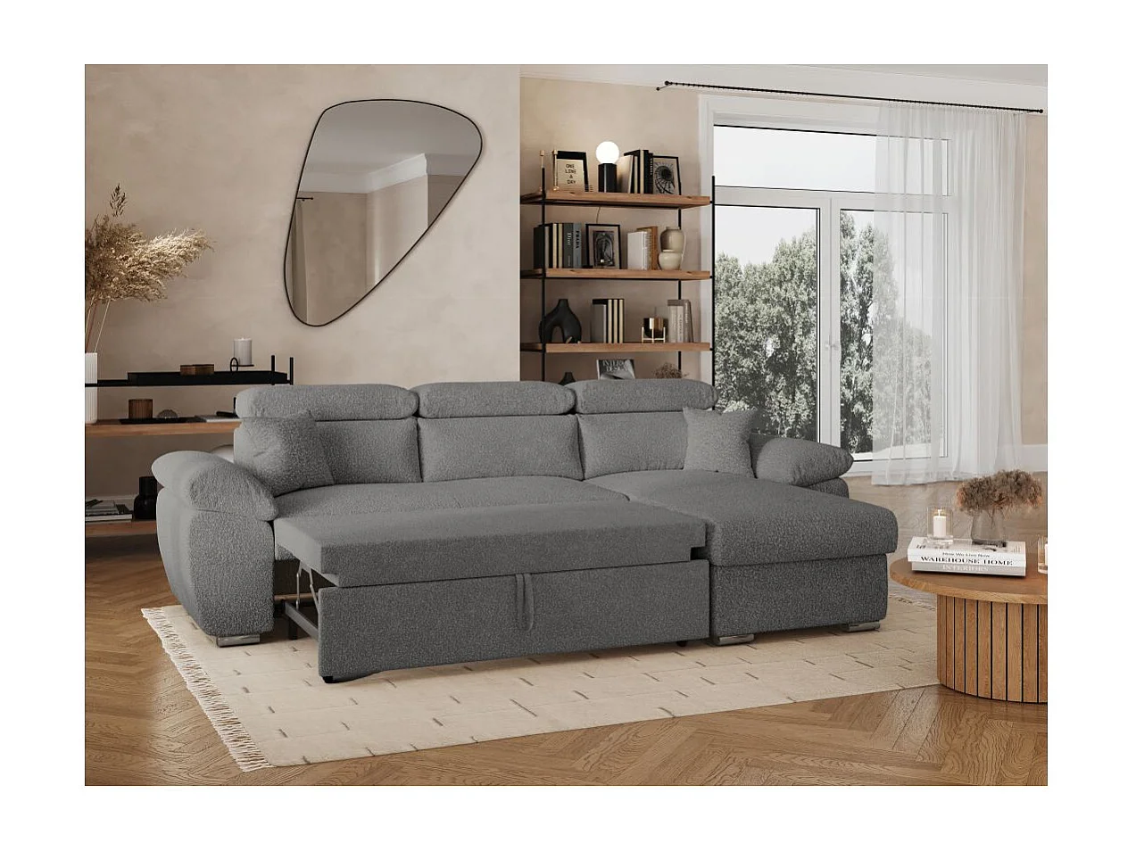 Canapé d'angle 4 places Komeco réversible convertible avec coffre en tissu bouclette - Gris - L265 x P166 x H91cm - Loungitude