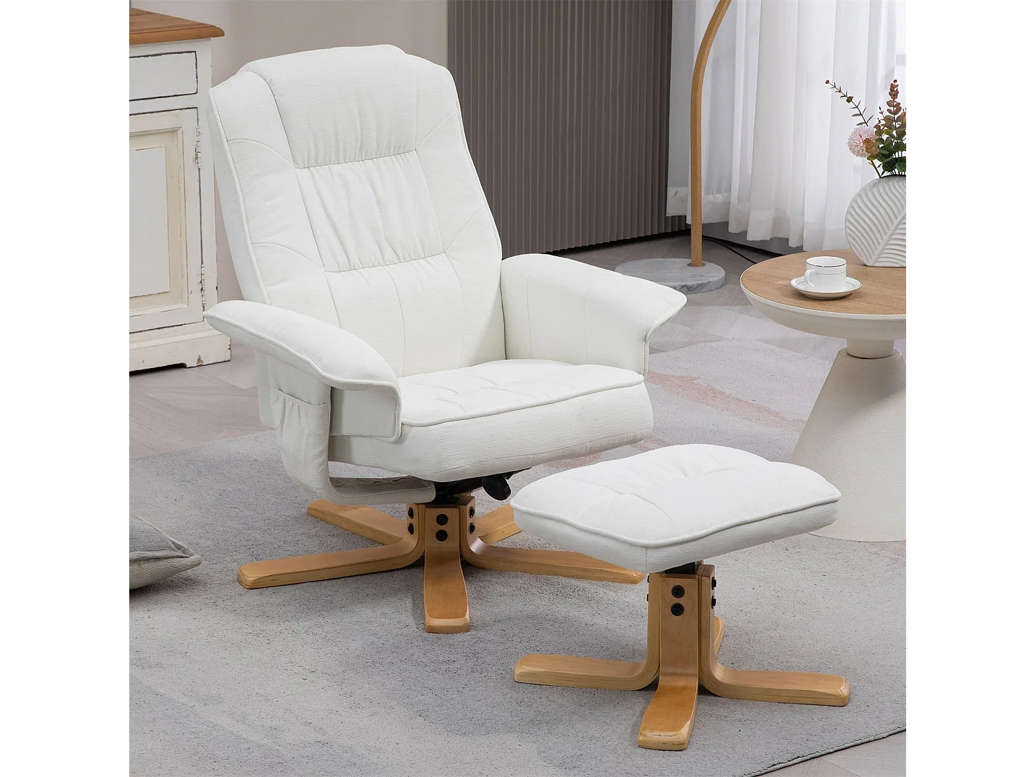 Fauteuil de relaxation CHALY avec repose-pieds pouf siège pivotant dossier inclinable assise rembourrée relax, en tissu blanc