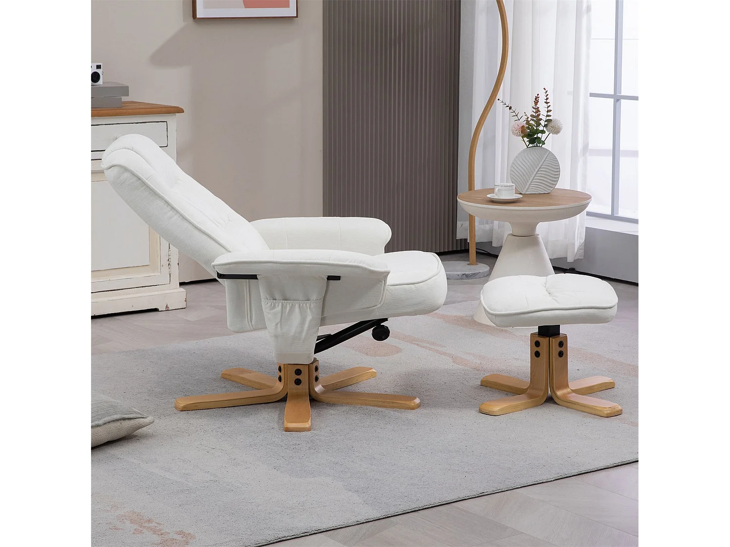 Fauteuil de relaxation CHALY avec repose-pieds pouf siège pivotant dossier inclinable assise rembourrée relax, en tissu blanc