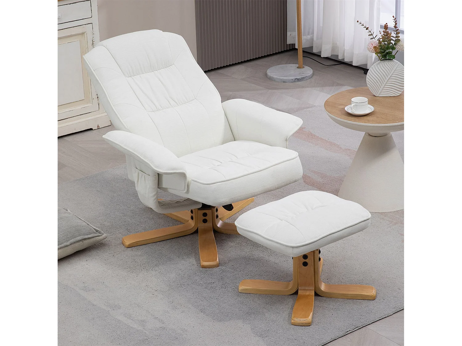 Fauteuil de relaxation CHALY avec repose-pieds pouf siège pivotant dossier inclinable assise rembourrée relax, en tissu blanc
