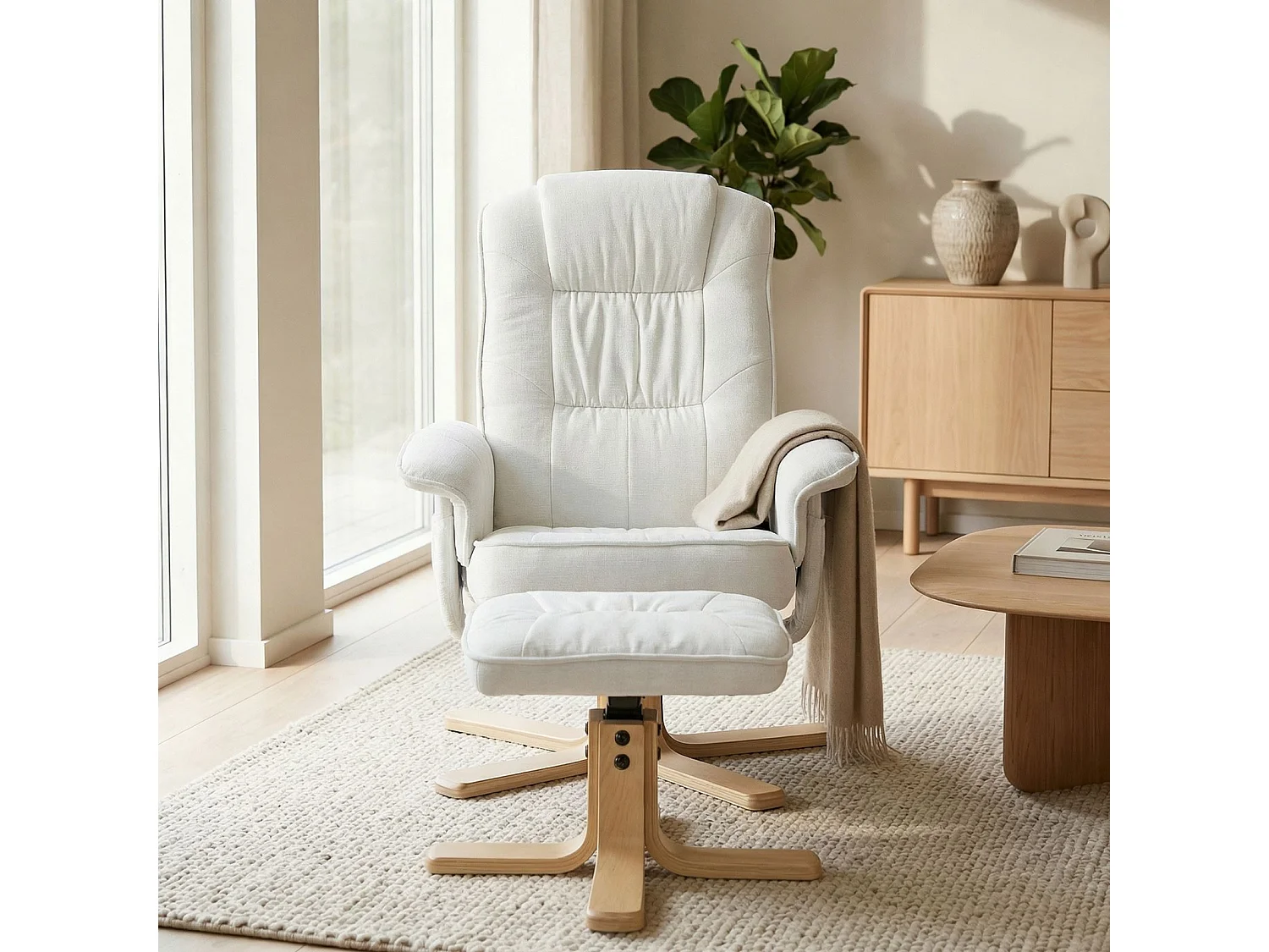 Fauteuil de relaxation CHALY avec repose-pieds pouf siège pivotant dossier inclinable assise rembourrée relax, en tissu blanc