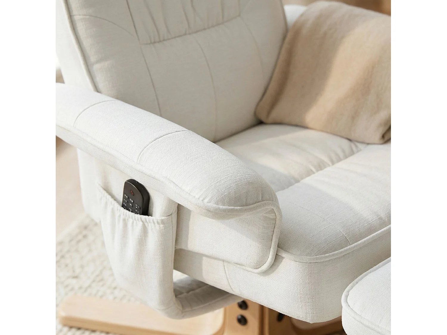 Fauteuil de relaxation CHALY avec repose-pieds pouf siège pivotant dossier inclinable assise rembourrée relax, en tissu blanc
