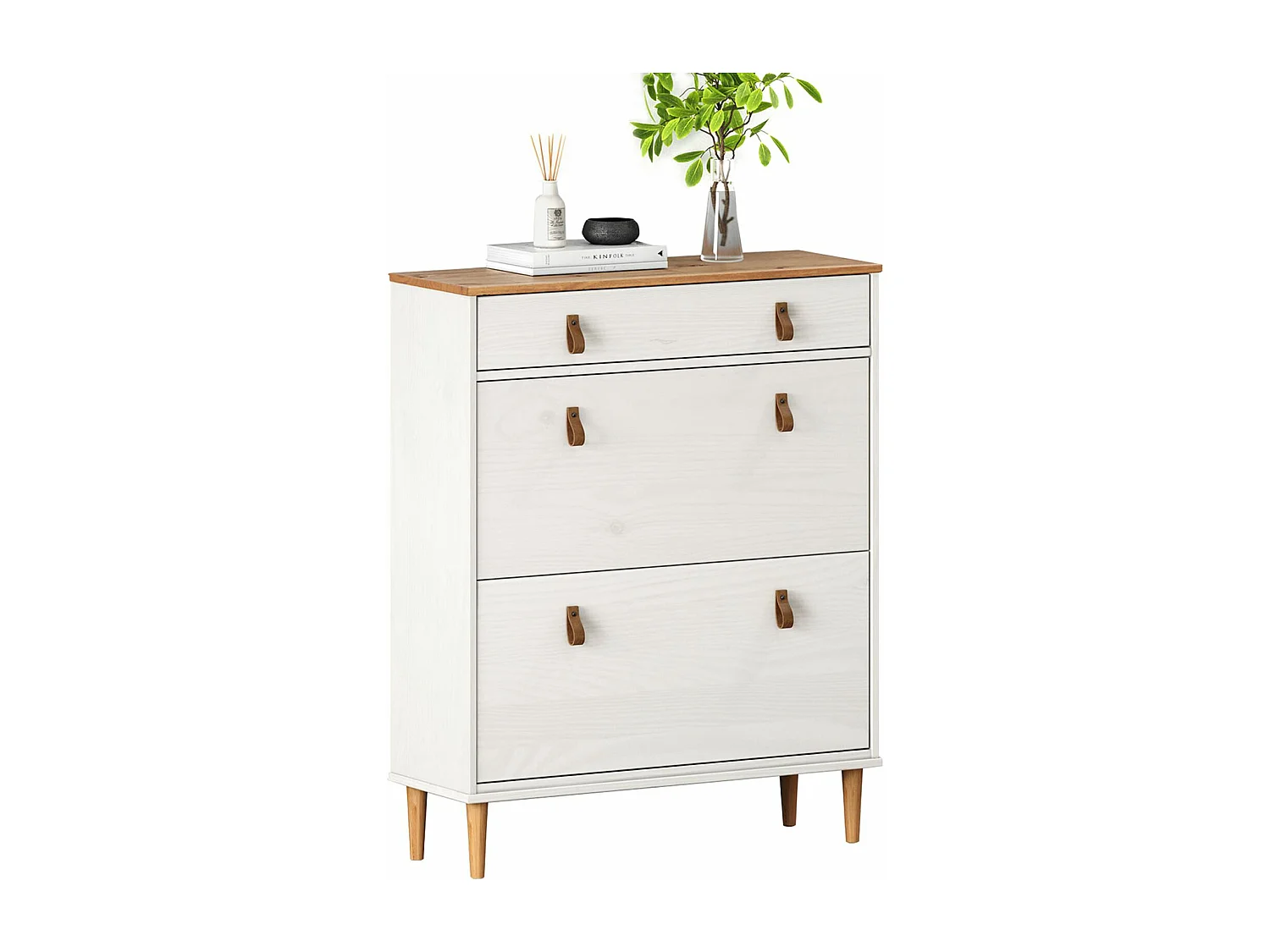 Meuble à chaussures MIKKA, étagère à chaussure bois avec 2 abattants et 1 tiroir de rangement en min massif coloris blanc/chêne