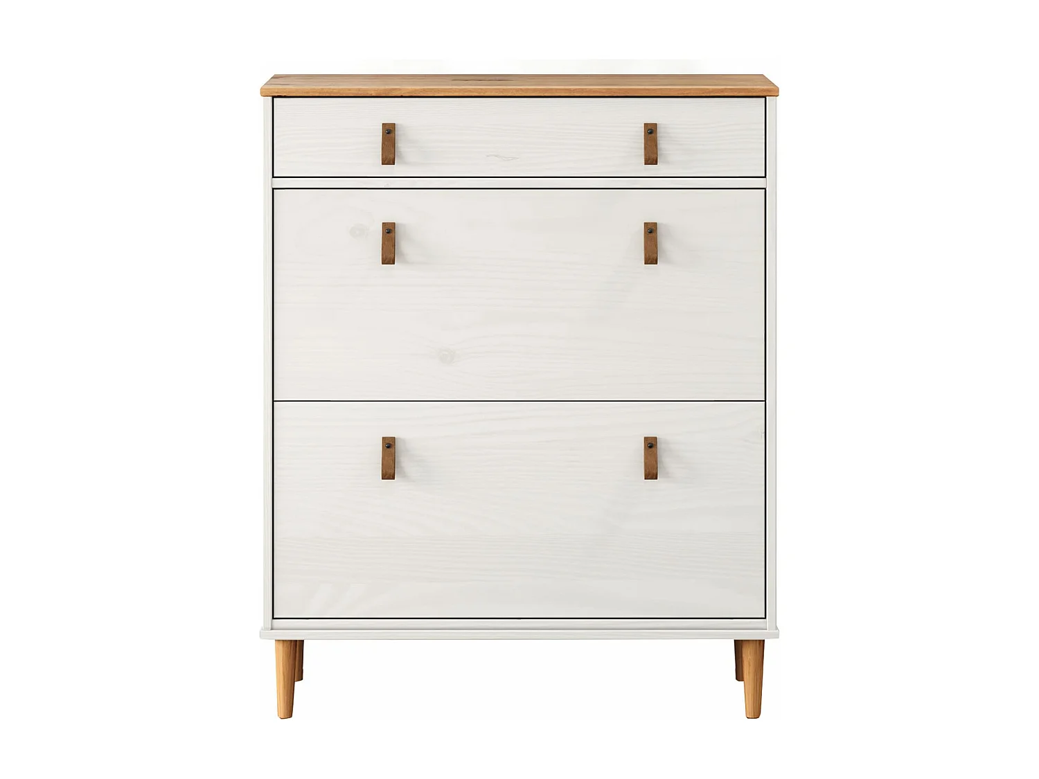 Meuble à chaussures MIKKA, étagère à chaussure bois avec 2 abattants et 1 tiroir de rangement en min massif coloris blanc/chêne