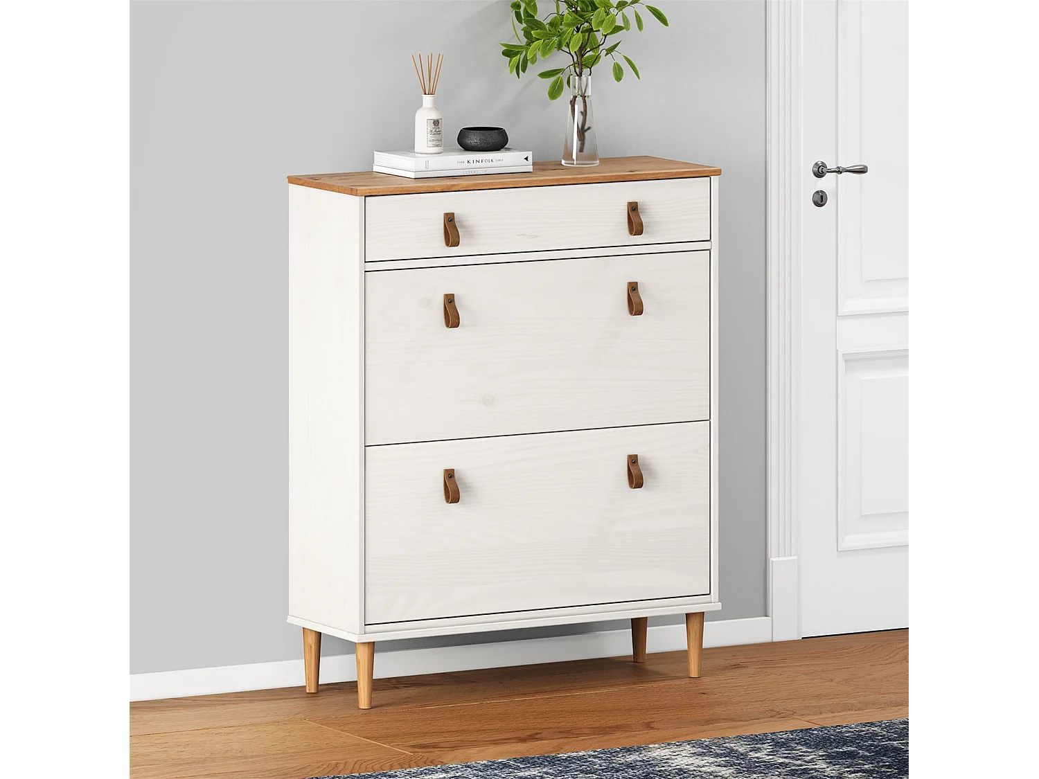 Meuble à chaussures MIKKA, étagère à chaussure bois avec 2 abattants et 1 tiroir de rangement en min massif coloris blanc/chêne