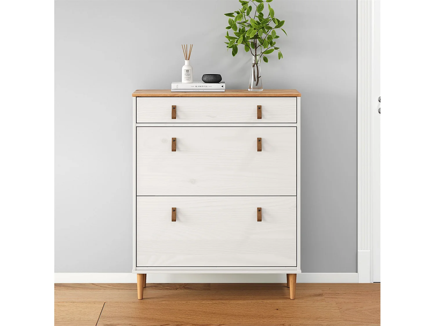 Meuble à chaussures MIKKA, étagère à chaussure bois avec 2 abattants et 1 tiroir de rangement en min massif coloris blanc/chêne