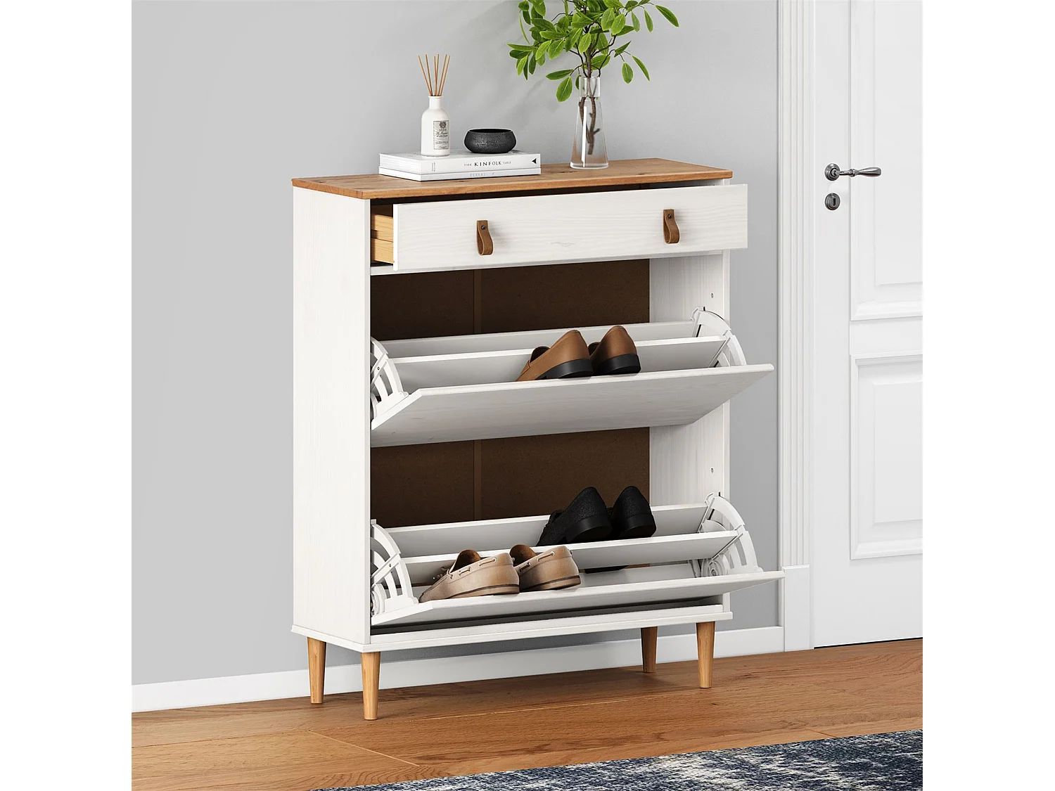 Meuble à chaussures MIKKA, étagère à chaussure bois avec 2 abattants et 1 tiroir de rangement en min massif coloris blanc/chêne