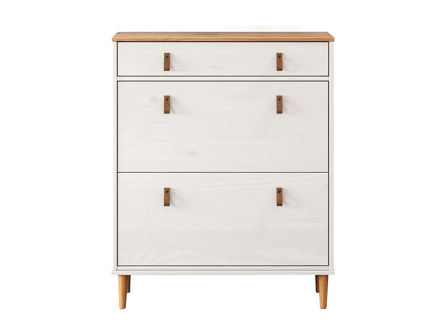 Meuble à chaussures MIKKA, étagère à chaussure bois avec 2 abattants et 1 tiroir de rangement en min massif coloris blanc/chêne