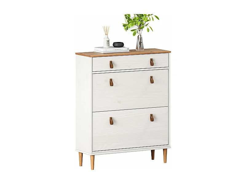 Meuble à chaussures MIKKA, étagère à chaussure bois avec 2 abattants et 1 tiroir de rangement en min massif coloris blanc/chêne