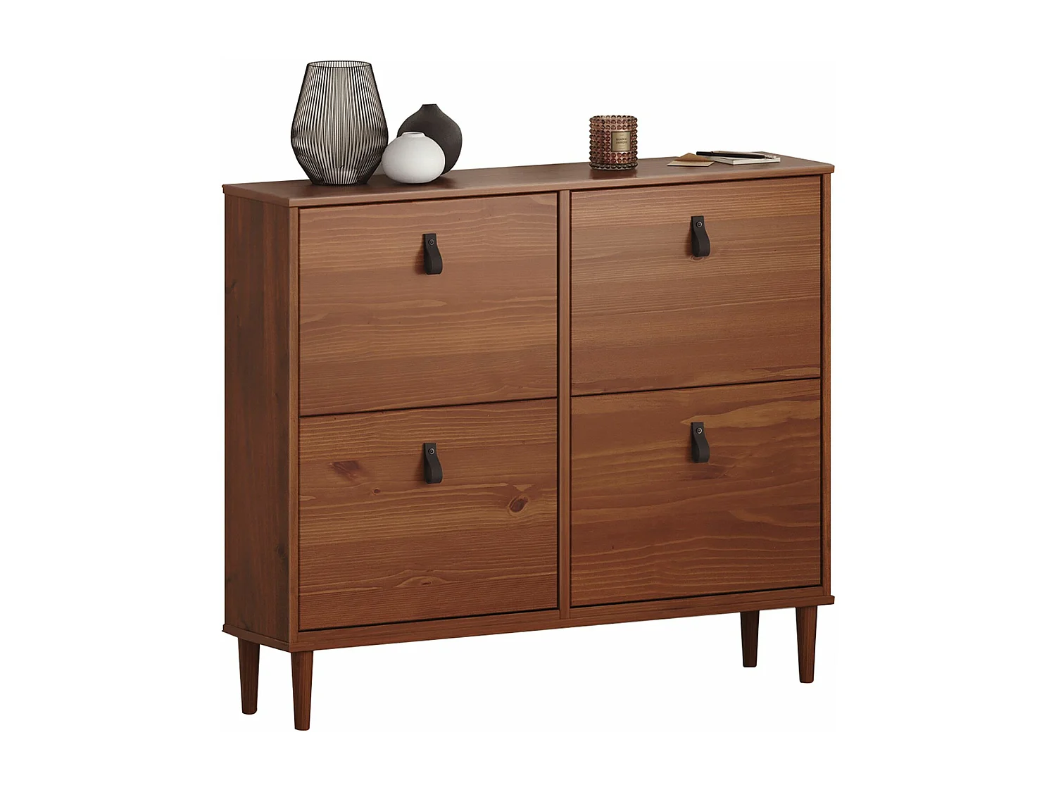 Meuble à chaussures MIKKA en bois, étagère à chaussures bois, rangement avec 4 abattants en pin massif brun foncé