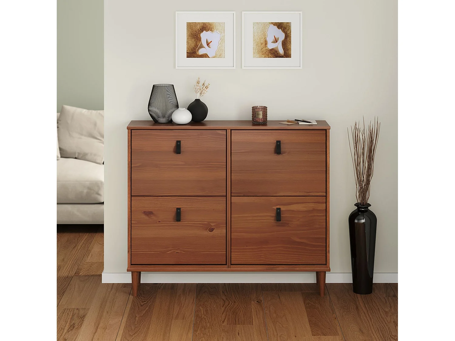 Meuble à chaussures MIKKA en bois, étagère à chaussures bois, rangement avec 4 abattants en pin massif brun foncé