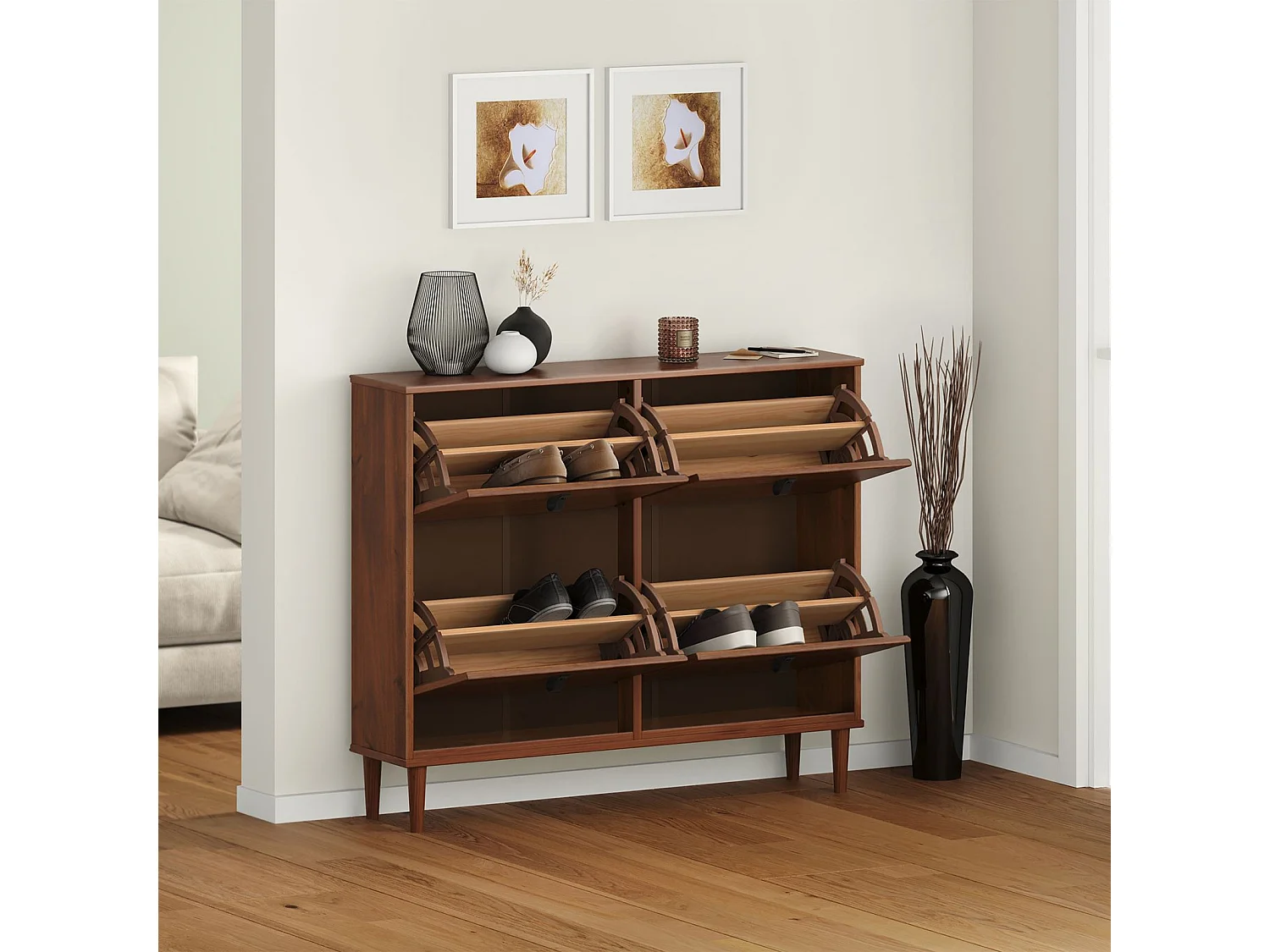 Meuble à chaussures MIKKA en bois, étagère à chaussures bois, rangement avec 4 abattants en pin massif brun foncé