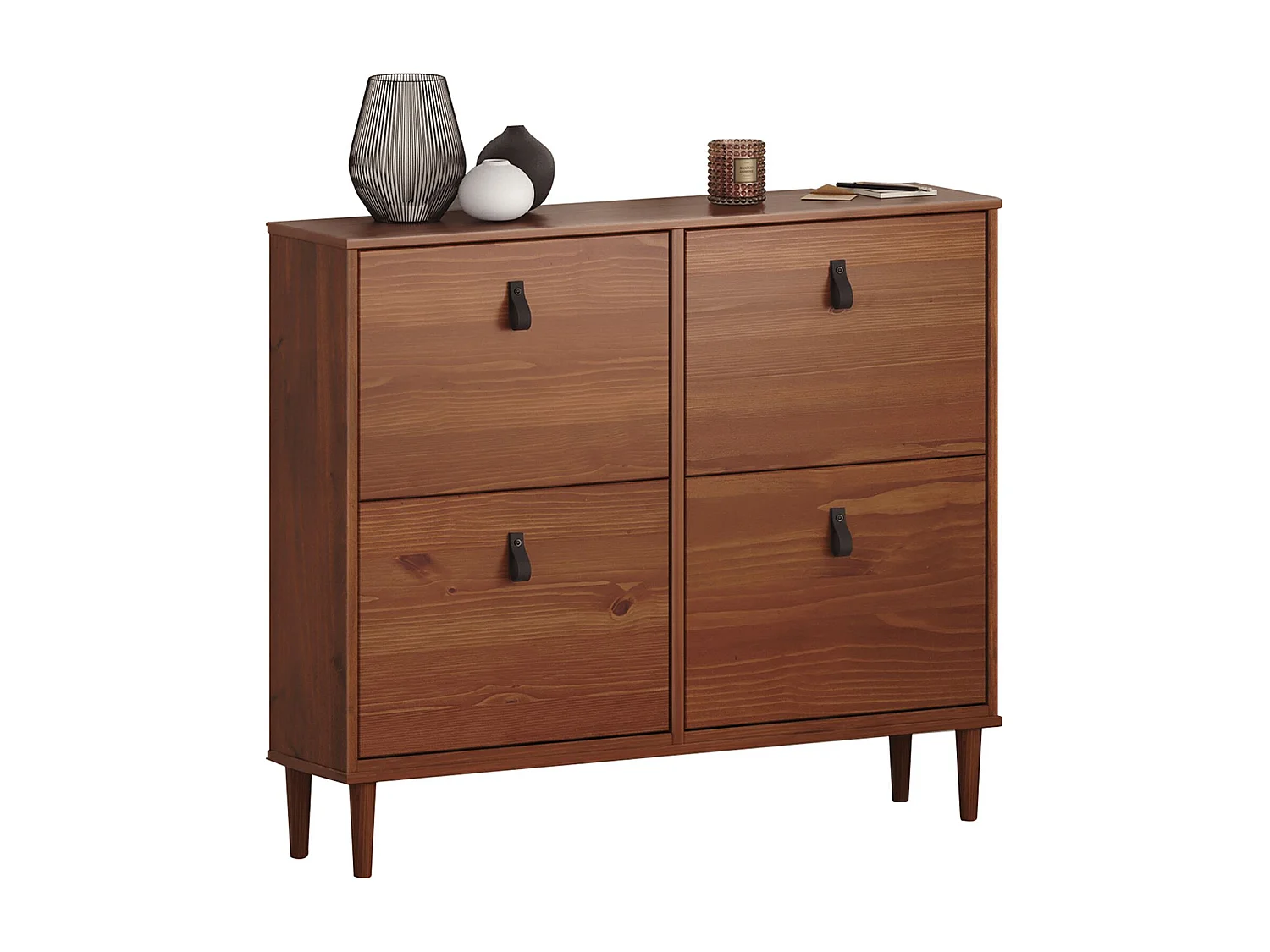 Meuble à chaussures MIKKA en bois, étagère à chaussures bois, rangement avec 4 abattants en pin massif brun foncé