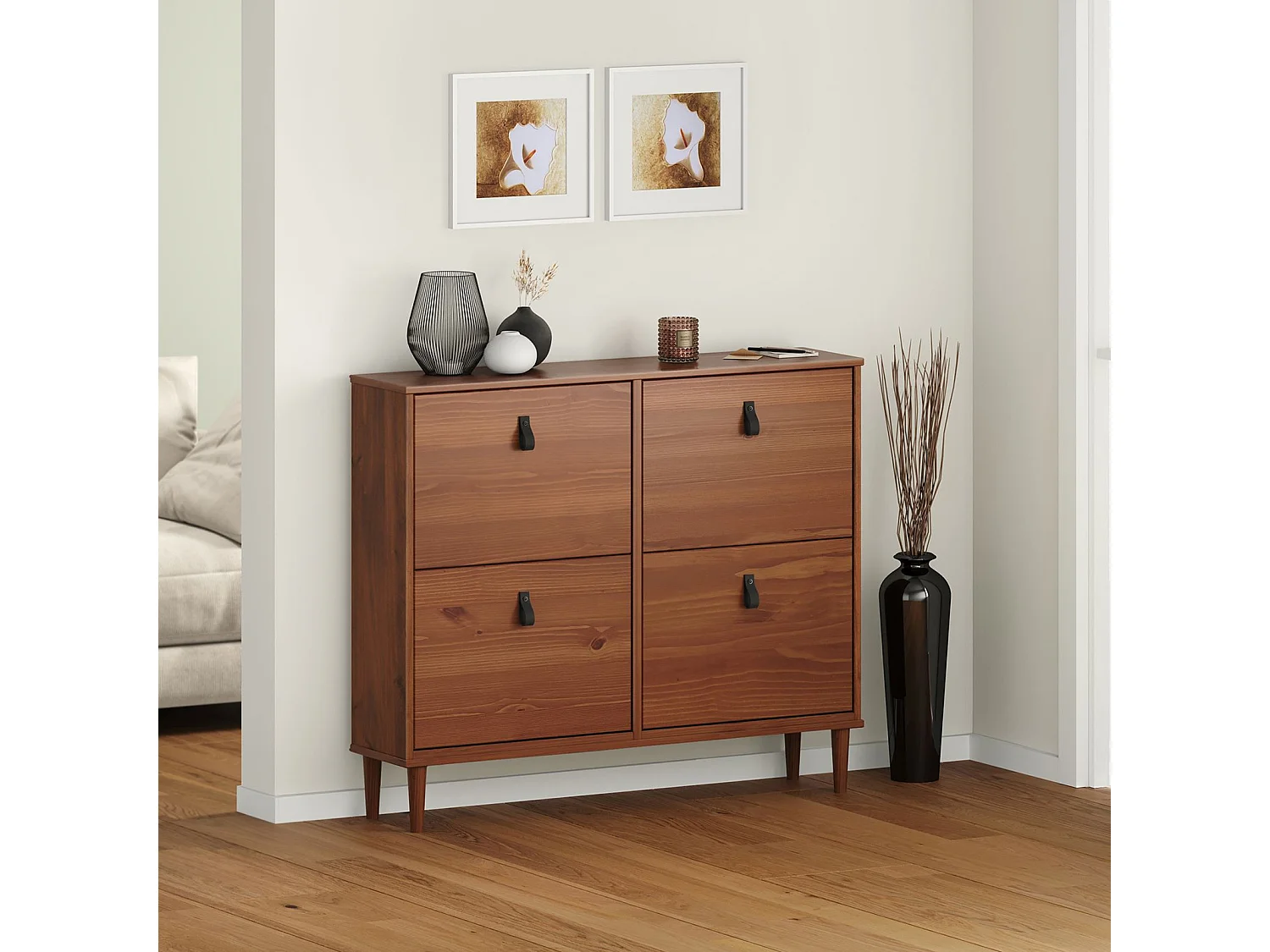 Meuble à chaussures MIKKA en bois, étagère à chaussures bois, rangement avec 4 abattants en pin massif brun foncé