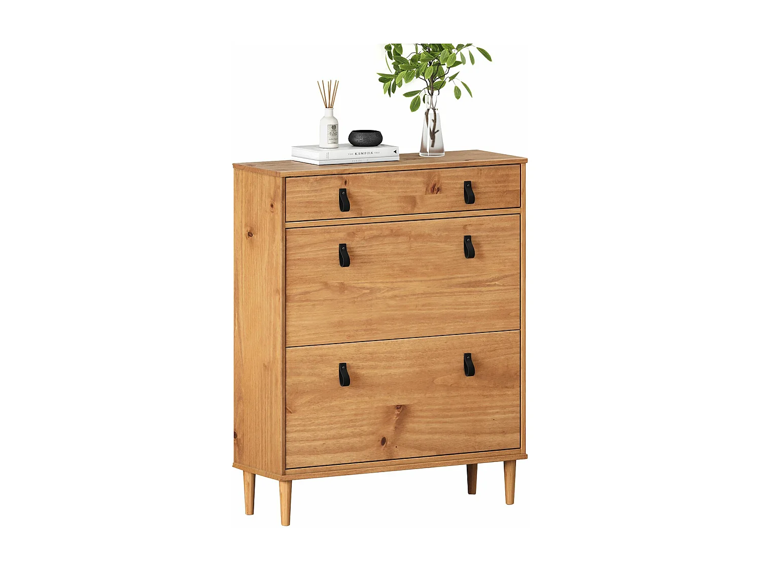 Meuble à chaussures MIKKA, étagère à chaussure bois avec 2 abattants et 1 tiroir de rangement en pin massif coloris chêne